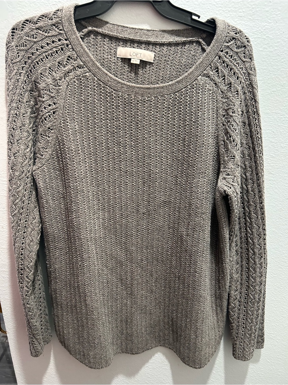 LOFT Gray Crewneck Sweater with Openwork Cable Sleeves